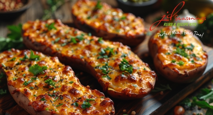 Cheesy BBQ Loaded Sweet Potato Skins Recipe made with JD Seasonings