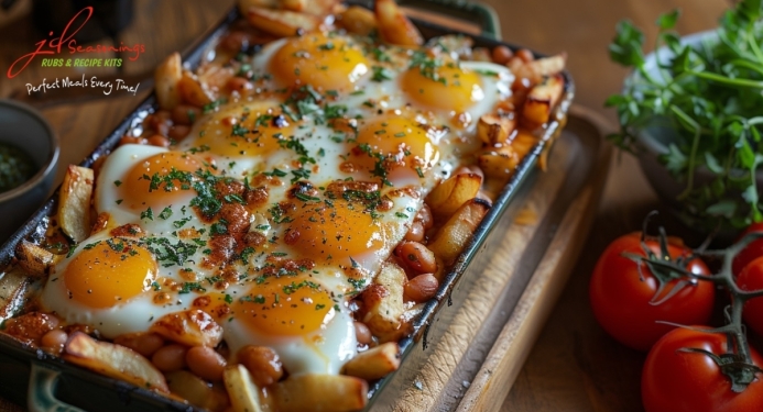 Egg, Chips & Beans Bake Recipe made with JD Seasonings