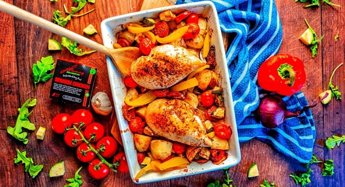 Spanish Chicken & Chorizo Traybake Recipe made with JD Seasonings